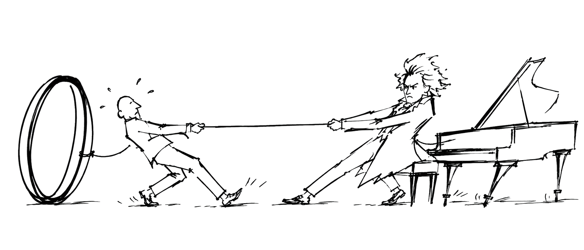 Ilustração de Beethoven ao piano puxando por uma corda um aluno que sai do zero