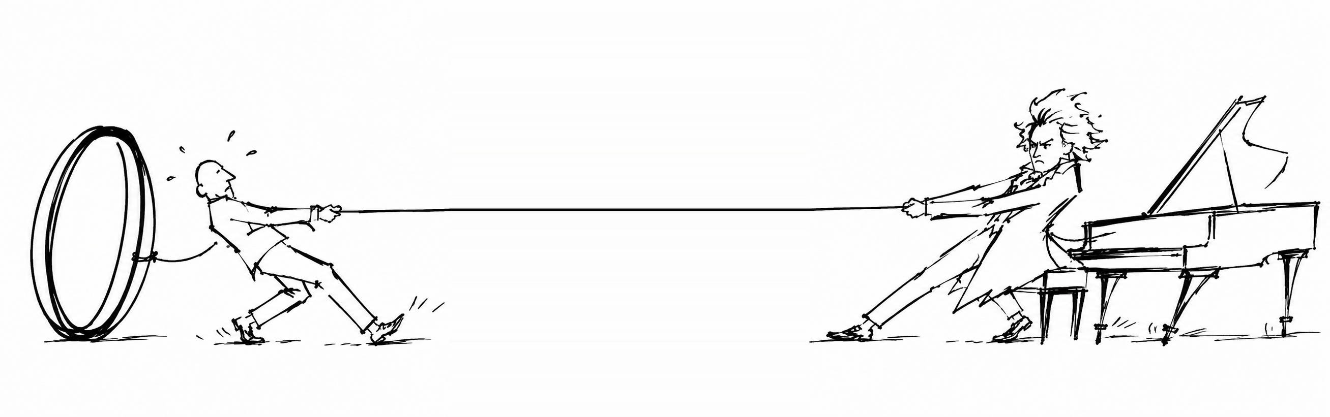 Ilustração de Beethoven ao piano puxando por uma corda um aluno careca que sai do zero, com o fio alongado no meio