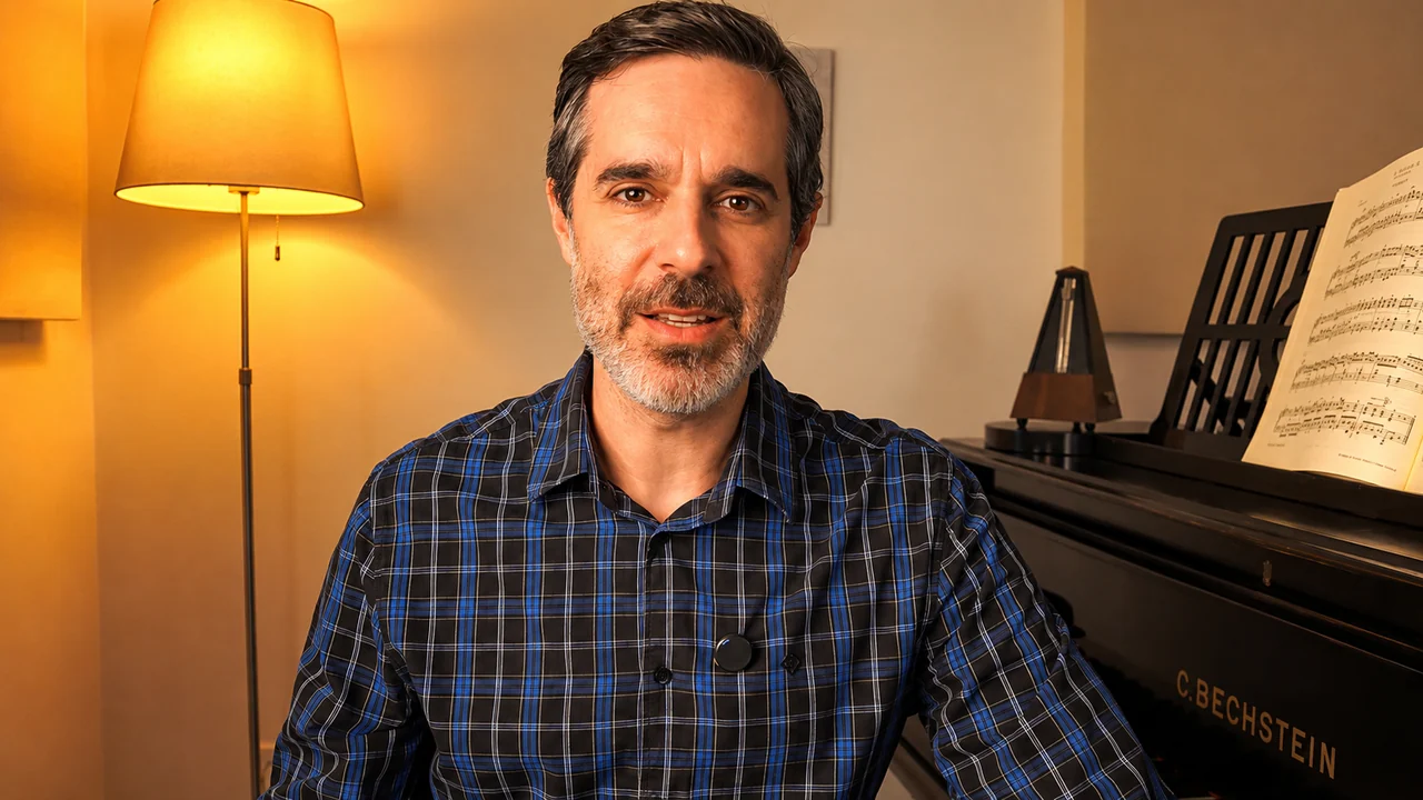 Felipe Scagliusi ao piano, apresentando o curso Do Zero à Pour Elise